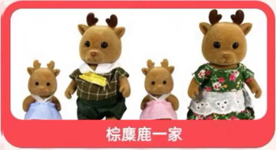A set of forest animal miniature dolls with clothing and furniture for a dollhouse.