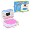 A pink and white mini educational laptop toy with an LED display, featuring letters and words for learning.