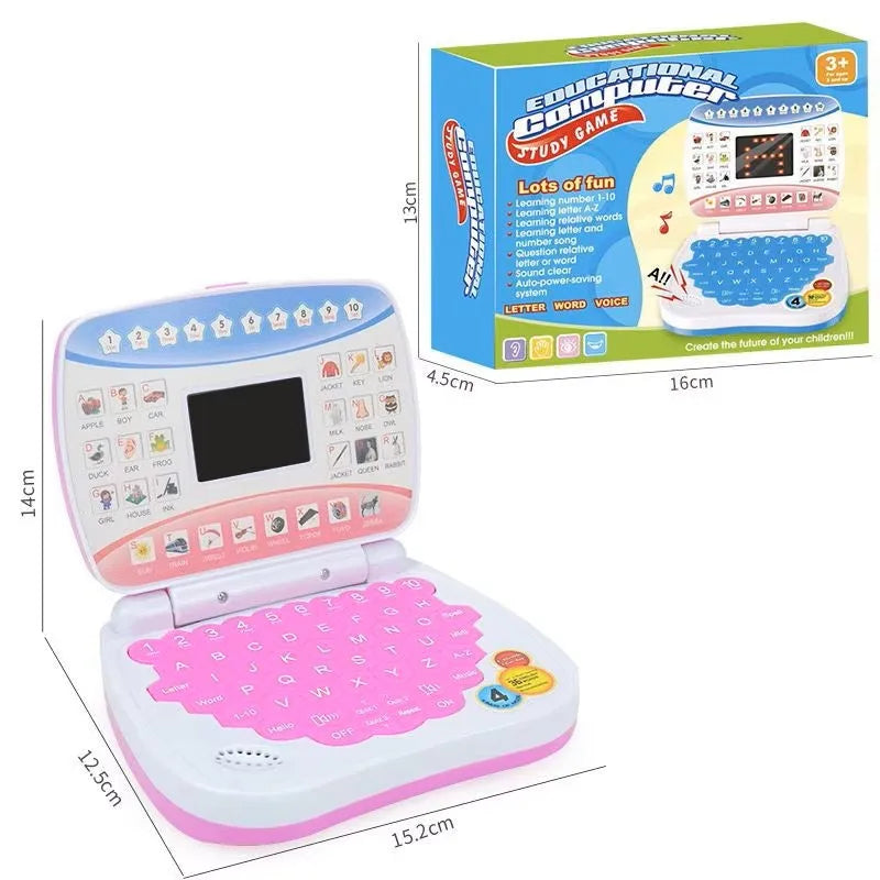 A pink and white mini educational laptop toy with an LED display, featuring letters and words for learning.