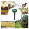 Solar-powered ultrasonic animal repellent device shown in various outdoor settings including a farm, garden, paddy field, and