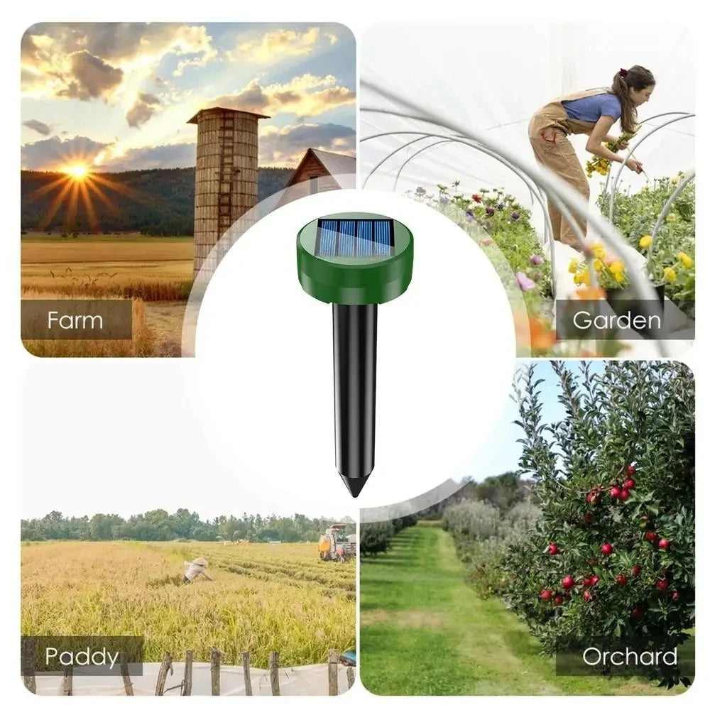 Solar-powered ultrasonic animal repellent device shown in various outdoor settings including a farm, garden, paddy field, and