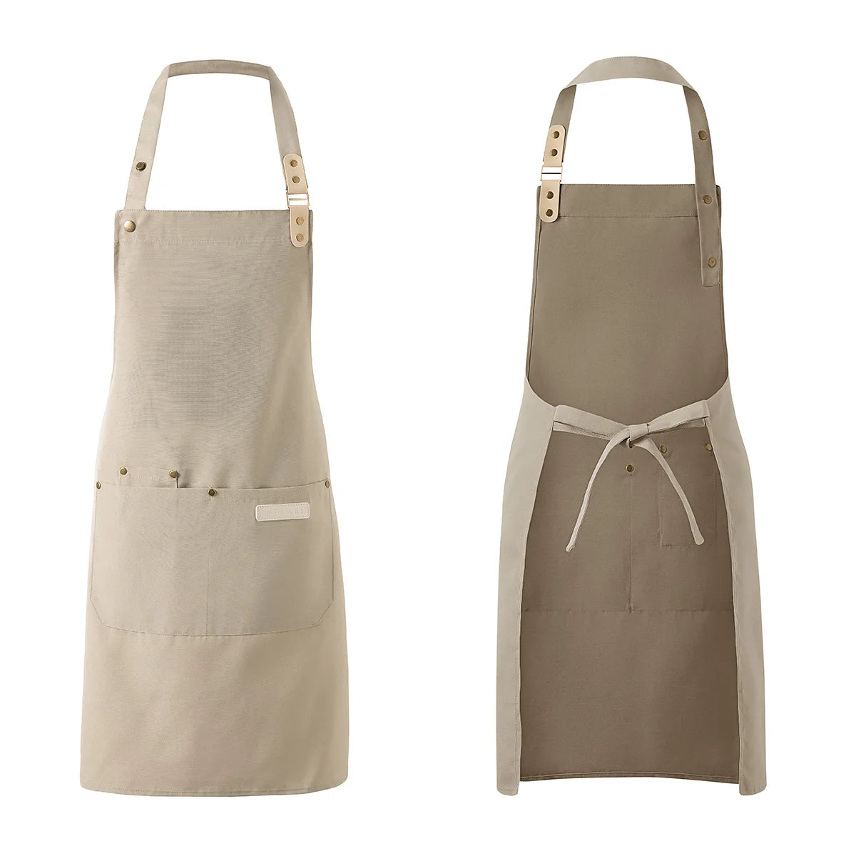 A light beige waterproof canvas chef apron with a tie closure and front pocket.