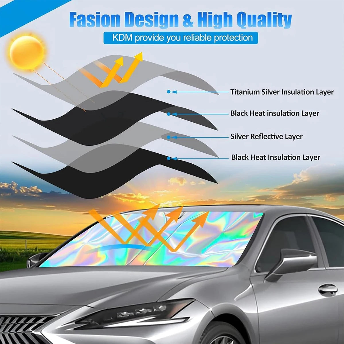 Foldable car windshield sunshade with side window covers and storage bag protecting a vehicle's glass.