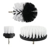 A set of black and white drill brushes for cleaning tiles, bathroom surfaces, and cars.