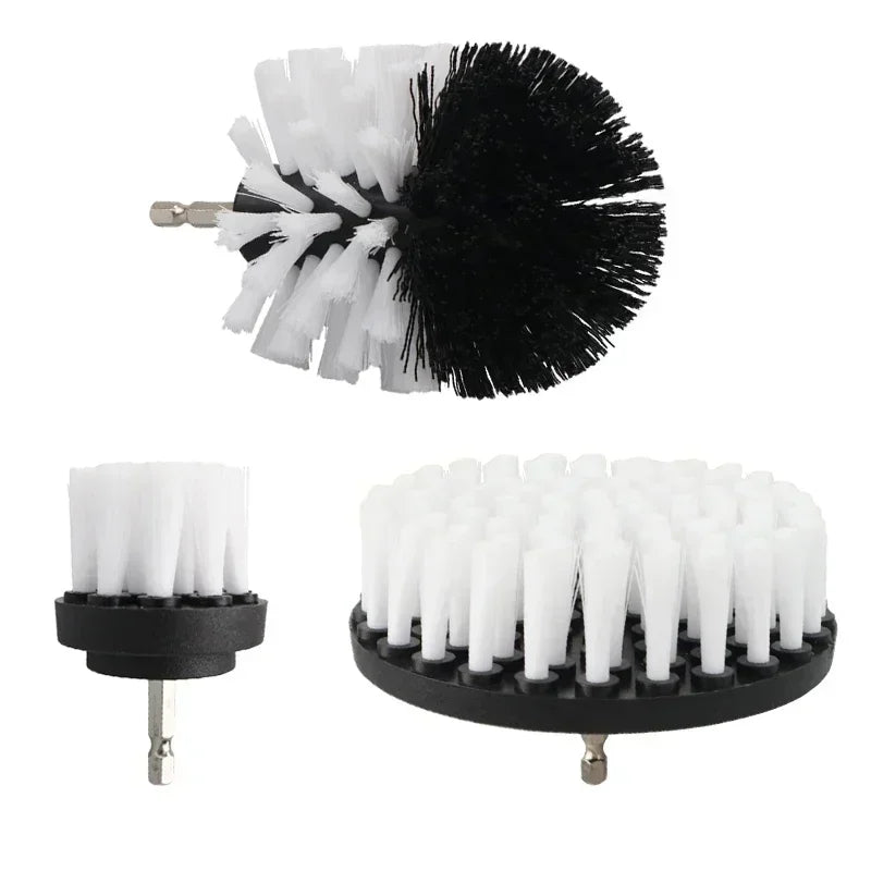 A set of black and white drill brushes for cleaning tiles, bathroom surfaces, and cars.