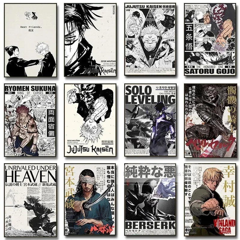 A collection of nine posters featuring various anime and manga characters and artwork.