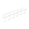 A white under-shelf cup and utensil holder with six hooks.