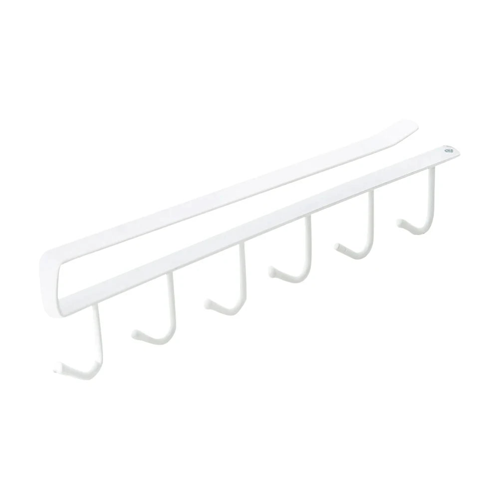A white under-shelf cup and utensil holder with six hooks.