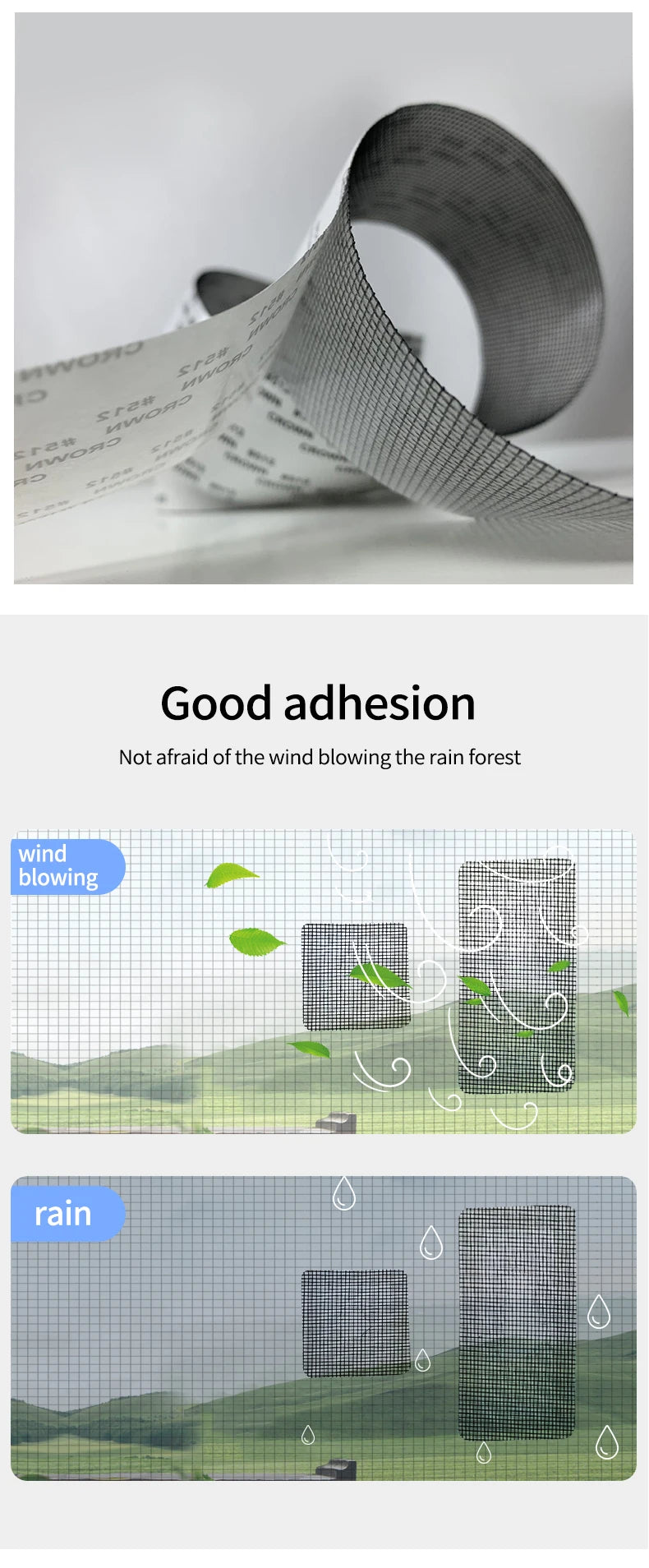 Self-adhesive mesh repair patches demonstrating good adhesion against wind and rain.