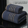 A stack of dark blue bath towels and hand towels with gold stripes displayed on a black surface.