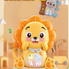 A yellow lion-shaped musical animal piano toy with lights for toddlers is shown on a light wooden surface.