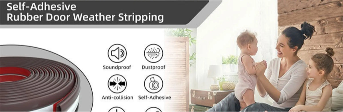 A mother is applying self-adhesive rubber weather stripping to a door frame while interacting with her child.