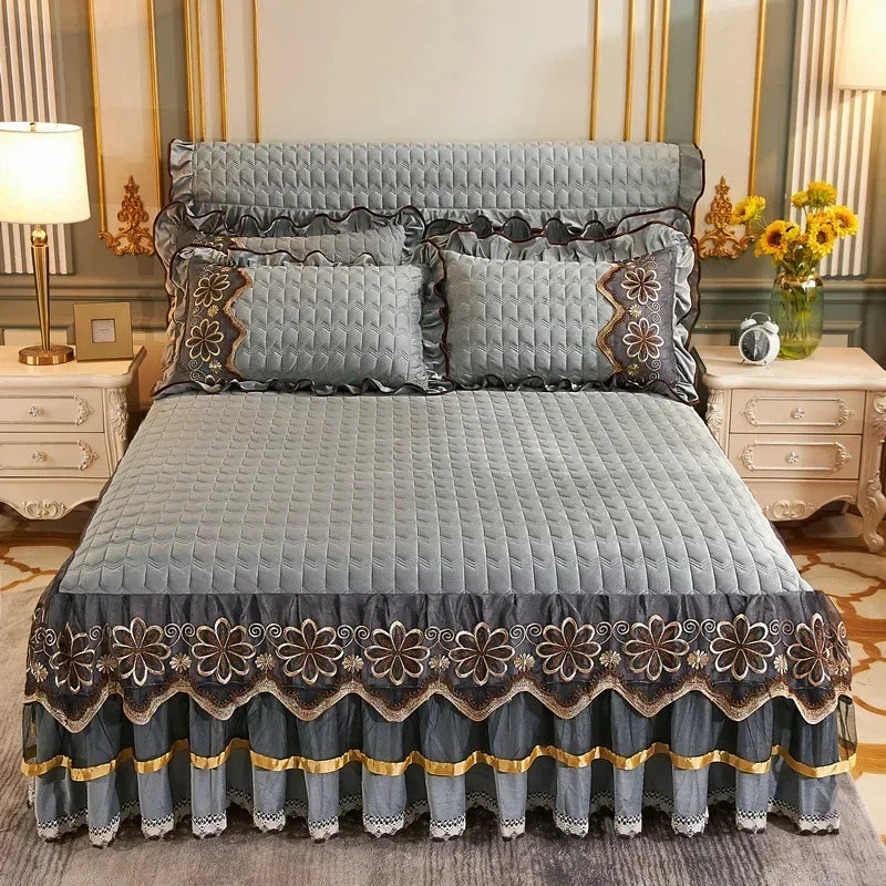 Crystal Velvet Gold Lace Bed Skirt with Anti-Slip Base