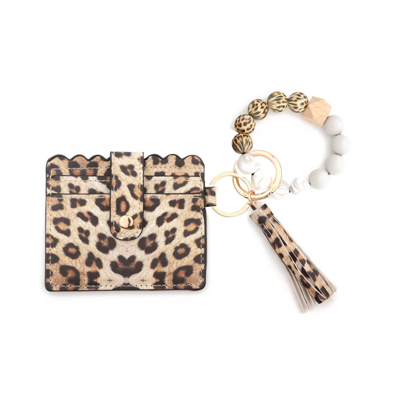 Silicone Bead Bracelet Leather Card Holder Wristlet