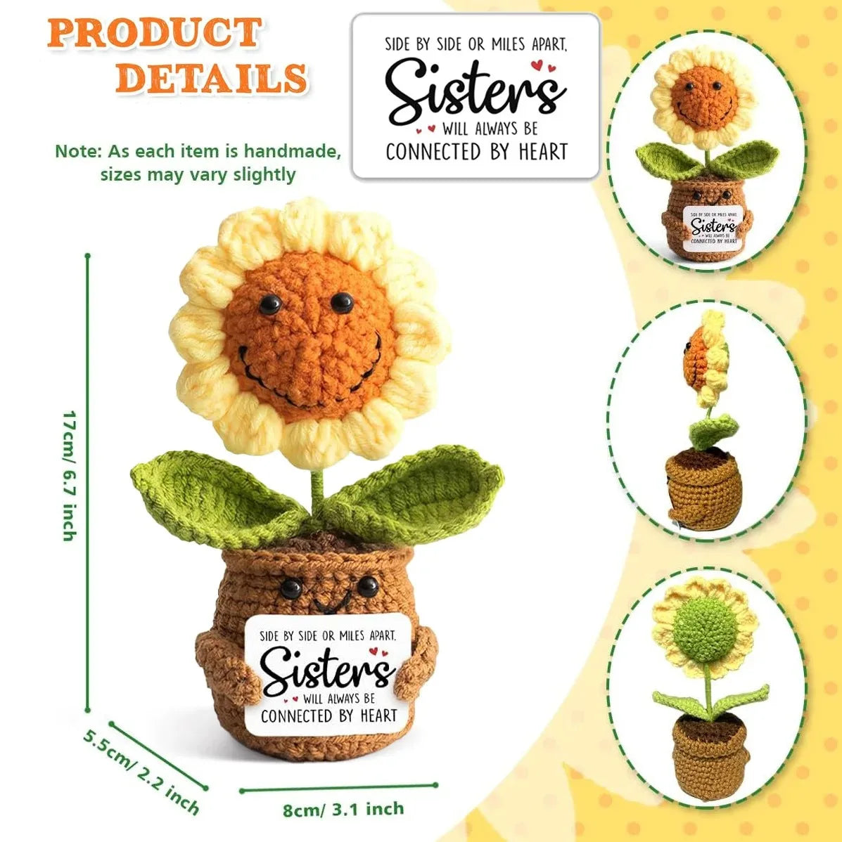 Handmade crochet flower doll with green leaves and a brown body, designed as a pocket hug companion.