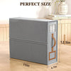 A gray foldable bedding storage box with a clear window shown on a wooden surface.