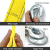 Close-up view of a yellow heavy-duty towing strap with a small notch design and a silver hook.