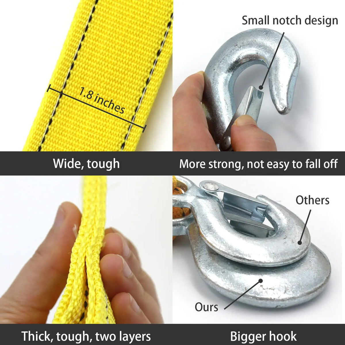 Close-up view of a yellow heavy-duty towing strap with a small notch design and a silver hook.