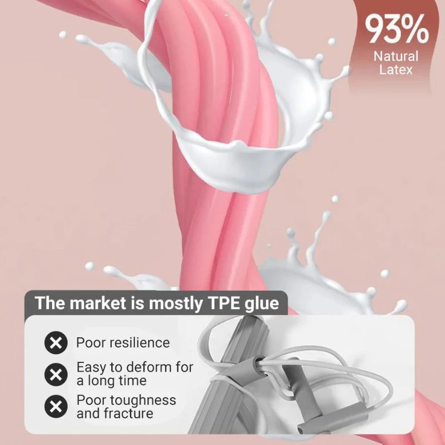 A close-up of a pink latex resistance band being squeezed, with text indicating the product is 93% natural latex.