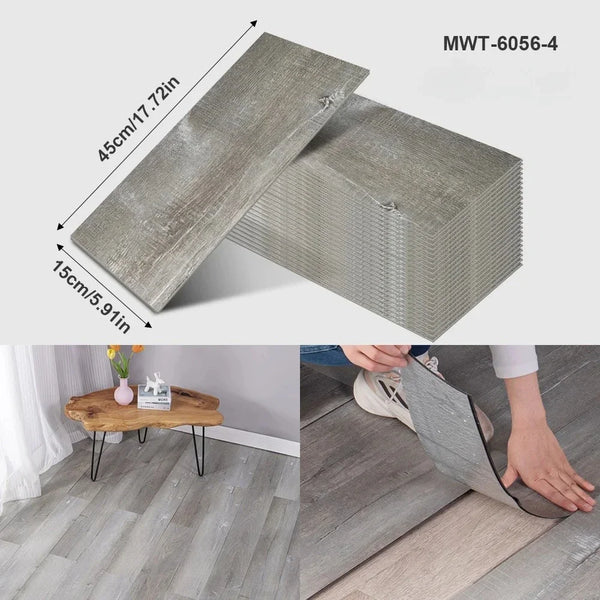 Rechteckiges Holzmaser-Wandsticker, 45x15 cm, neben einem Holztisch und auf dem Boden.