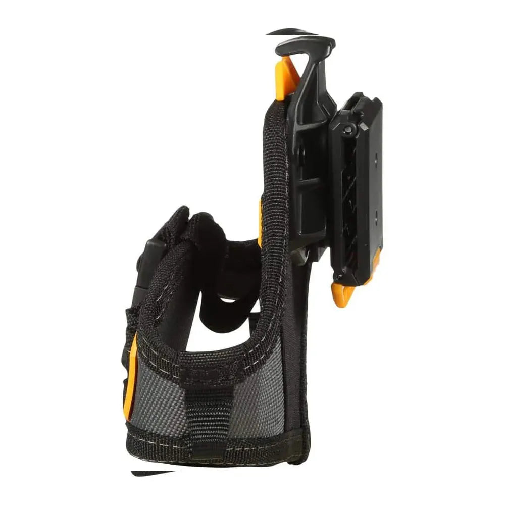 A compact drill holster with a clip-on hub and bit pockets, shown in black and orange.