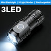 A close-up view of a black 3LED rechargeable flashlight with a clip, showing its bright beam.