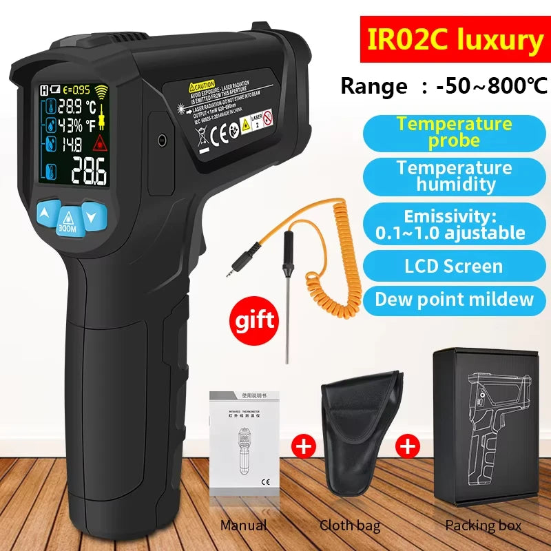 Black digital infrared thermometer with LCD screen and laser sighting features shown next to its manual and packaging box