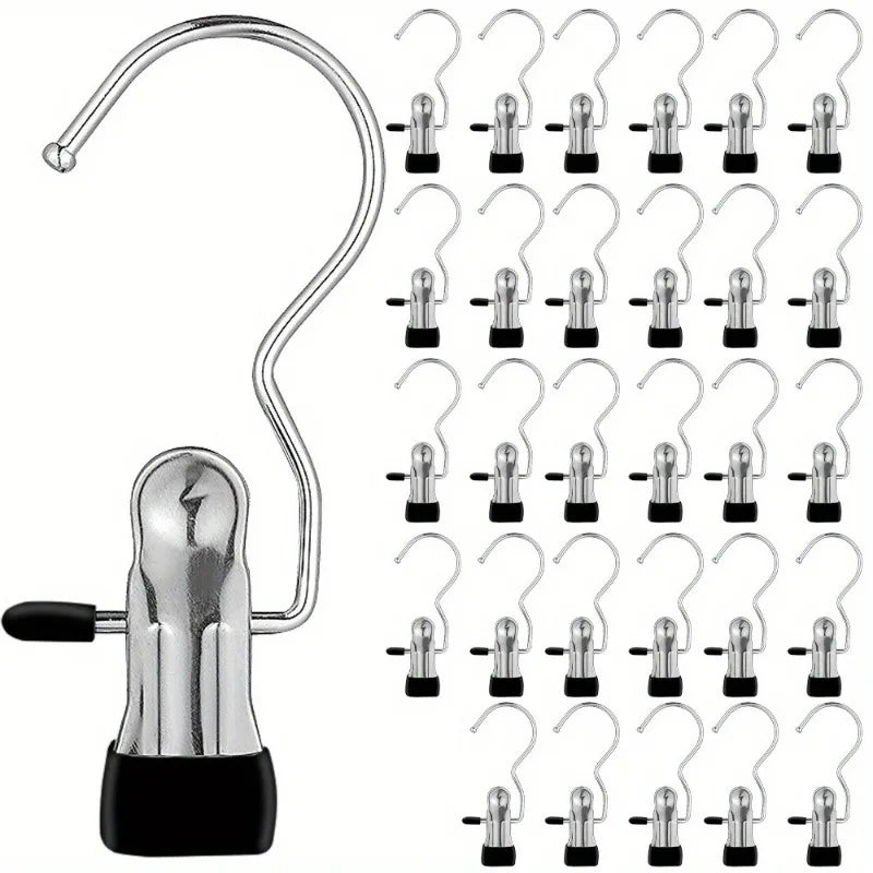 Stainless steel clothespins with hooks for space-saving laundry drying