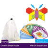 A creative shape puzzle set featuring colorful wooden pieces and 24 shape cards.
