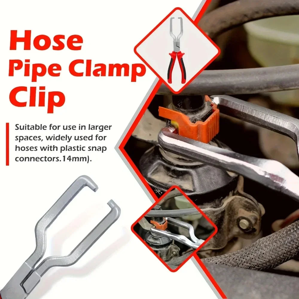 A close-up view of a silver hose pipe clamp clip tool used for securing hoses with plastic snap connectors.