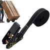 A set of two heavy duty ratchet tie down straps, black and gray, are shown with a spool and a metal clamp.