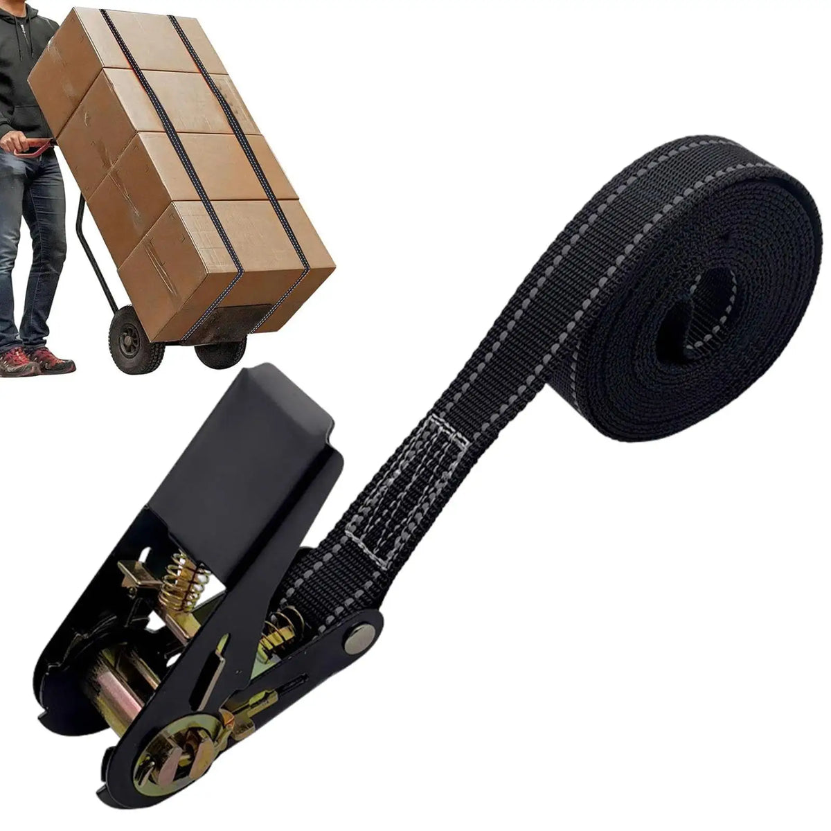 A set of two heavy duty ratchet tie down straps, black and gray, are shown with a spool and a metal clamp.