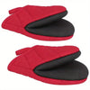 A pair of red heat-resistant silicone oven mitts with black non-slip grips shown from the top.