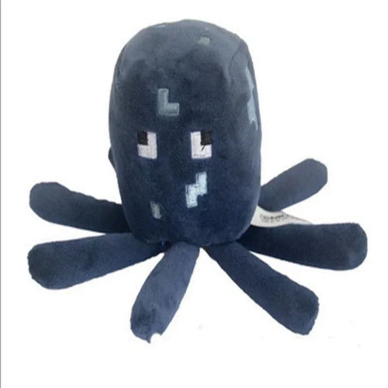 A dark blue soft plush doll resembling a Minecraft character with small white pixelated details.