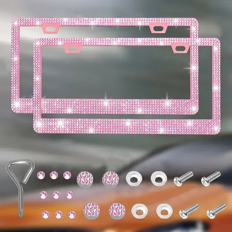 A crystal rhinestone license plate frame and various mounting hardware components for cars.