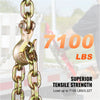 A close-up of a heavy-duty gold-colored binder chain with a clevis hook, demonstrating superior tensile strength.