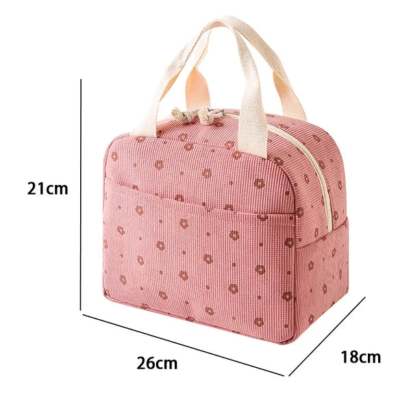 Bolso de almuerzo acolchado de corduroy floral rosa visto de lado.