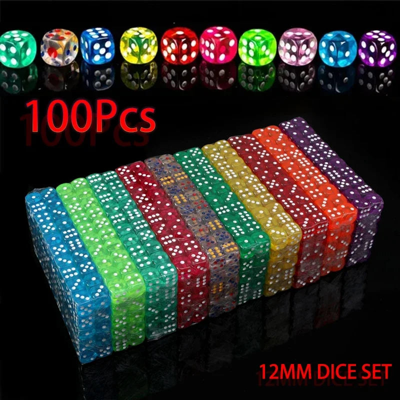 A bulk pack of 100 multicolor acrylic D6 dice in various colors and shapes arranged in a row.