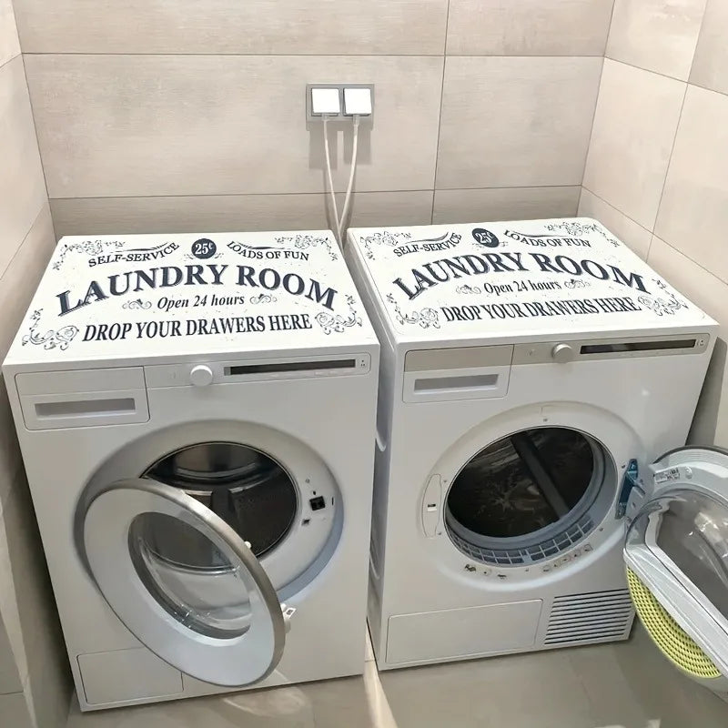 Two white laundry rooms with washing machines and a sign inviting users to drop their drawers.