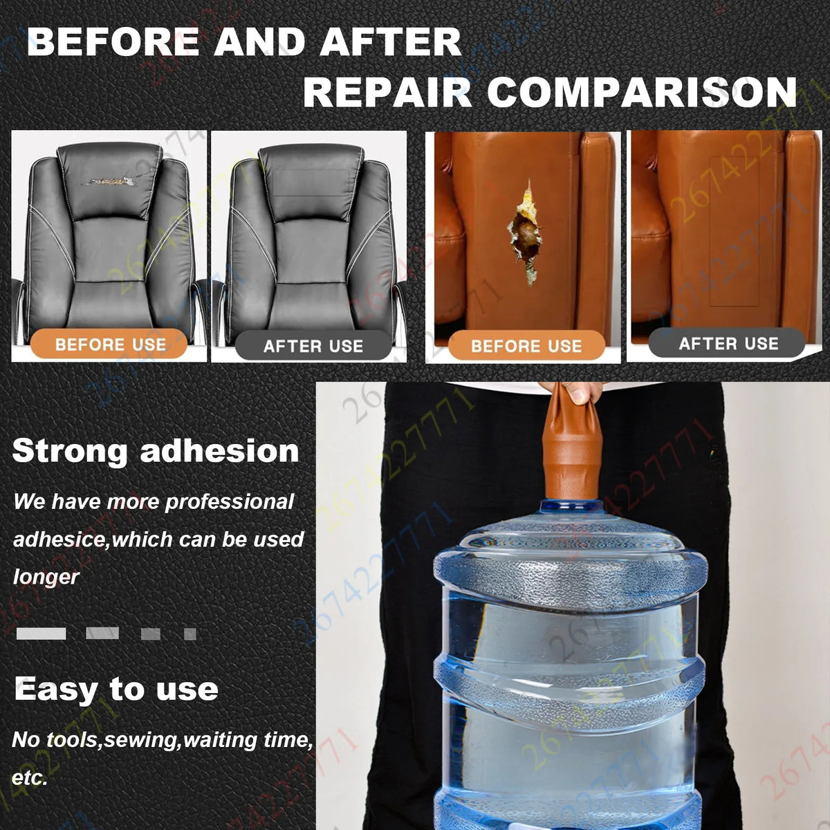 Before and after comparison of self-adhesive faux leather repair tape used for furniture and accessories.