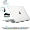 A white MacBook Air is shown with various protective cases and a clear hard shell case for the laptop.