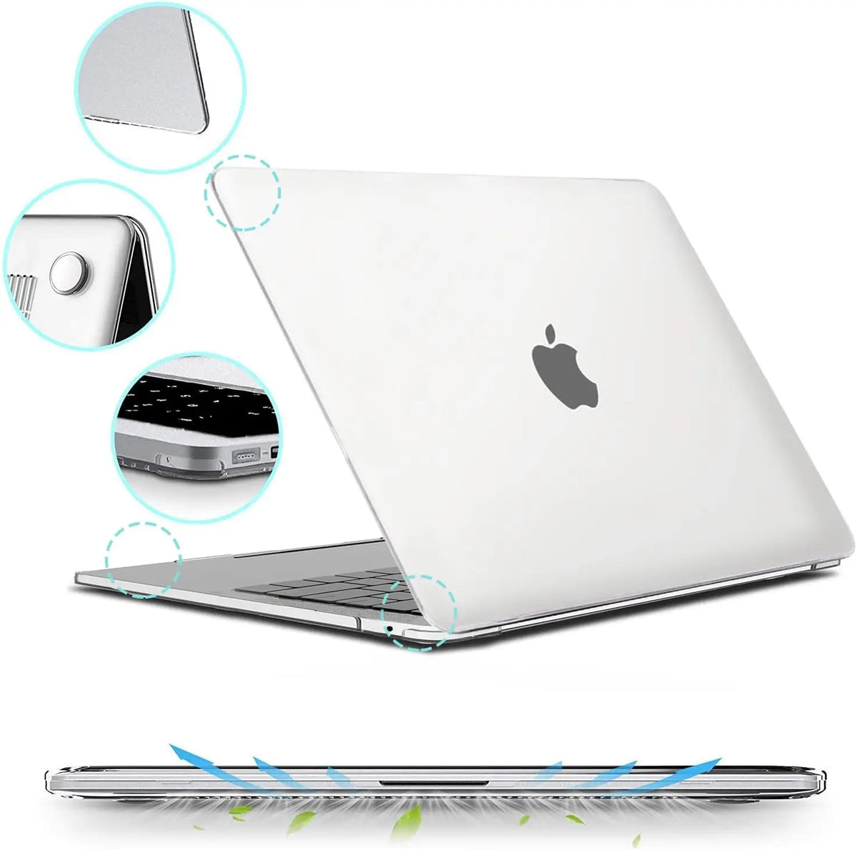 A white MacBook Air is shown with various protective cases and a clear hard shell case for the laptop.