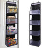 Over-the-door hanging organizer with clear compartments for storing various items.