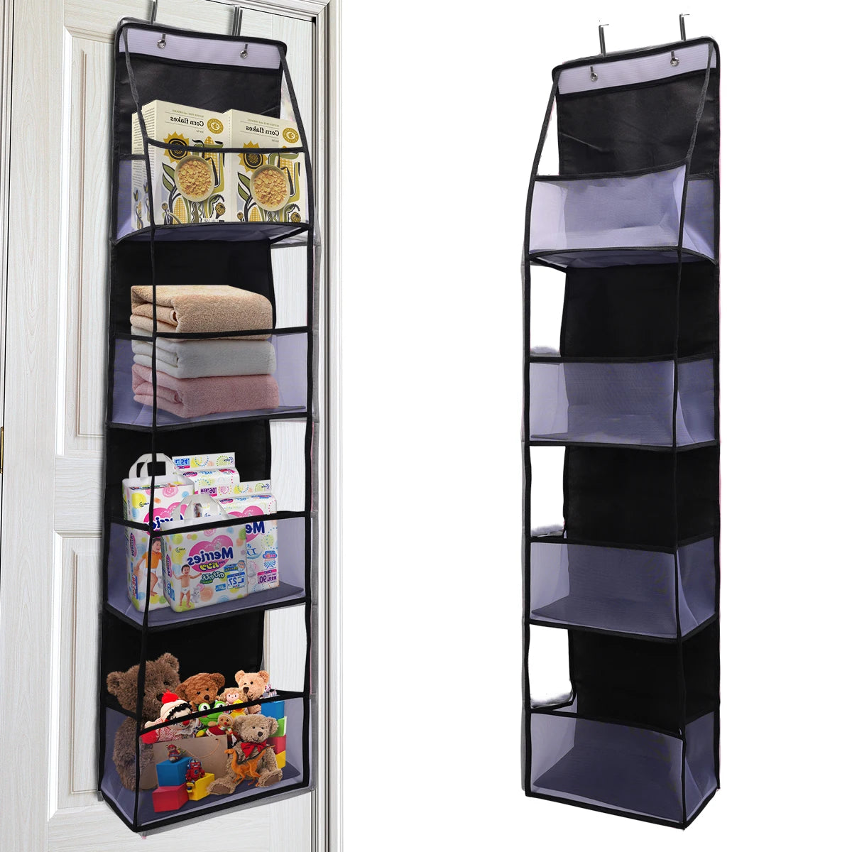 Over-the-door hanging organizer with clear compartments for storing various items.