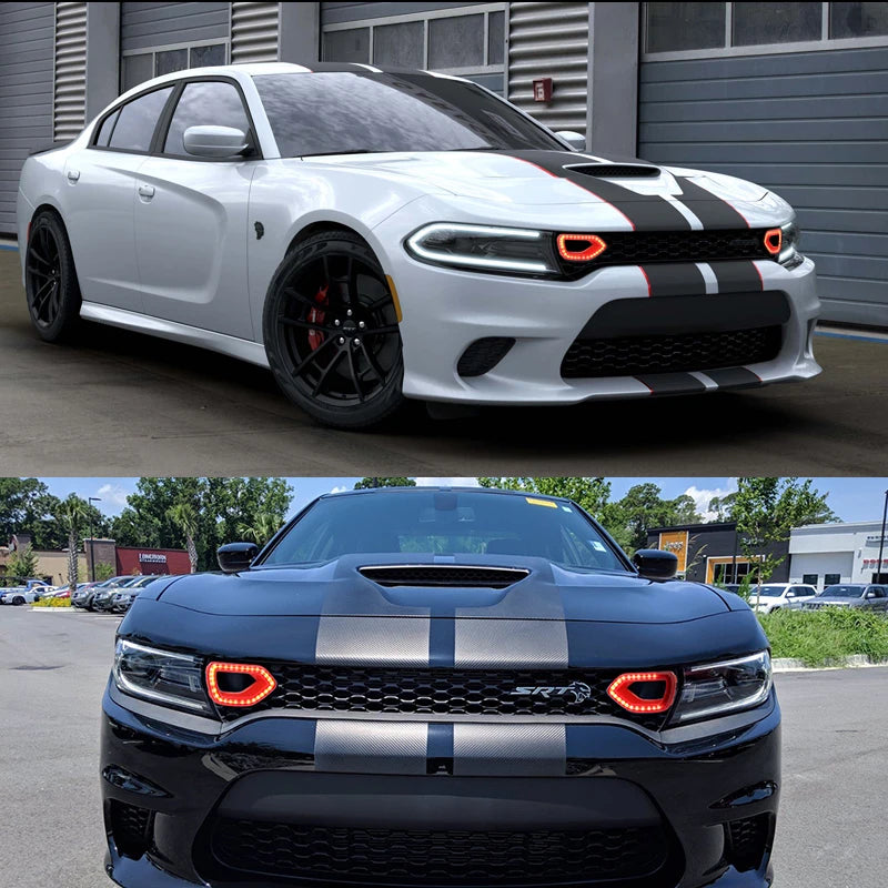 Close-up of a black Dodge Charger SRT grille with aftermarket LED light kit installed.