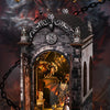 A decorative wooden book nook kit featuring a dragon and labyrinth theme, set against a dark background.