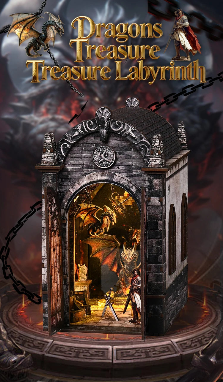 A decorative wooden book nook kit featuring a dragon and labyrinth theme, set against a dark background.
