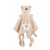 A light beige elephant plush toy with a comfort blanket and teether for babies.