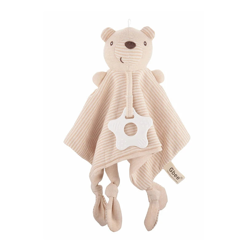 A light beige elephant plush toy with a comfort blanket and teether for babies.