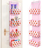 A pink over-the-door hanging organizer with clear compartments for storing various items.